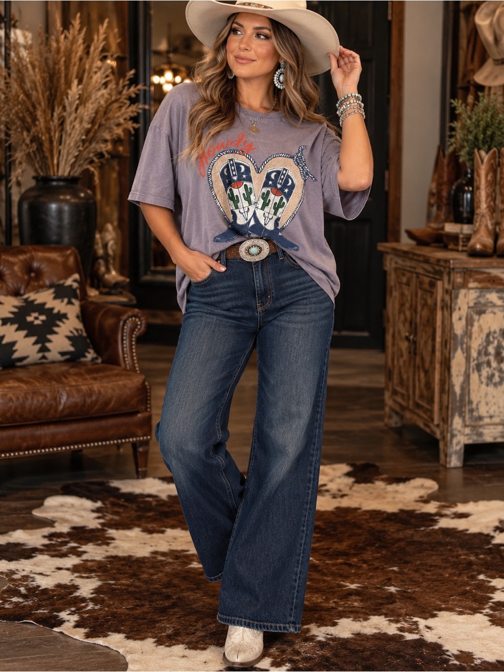 Daydreamer Howdy Cowboy Boots Graphic Tee One Size Made in USA